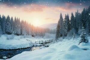 A scenic Ukrainian Carpathian winter, where myriad fir trees thrive AI Generated photo