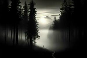 un sereno, enigmático bosque, sus silueta evocando eterno tranquilidad en negro y blanco ai generado foto