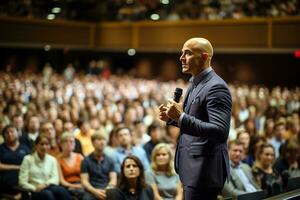 Businessman speaks at a conference. Motivational speaker in front of a large crowd at a seminar. Generative AI photo