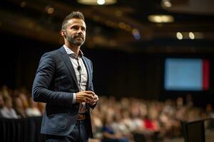 Businessman speaks at a conference. Motivational speaker in front of a large crowd at a seminar. Generative AI photo