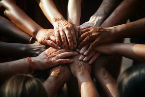 Worker team stacking their hands. Group of people joint hand together to making teamwork. Generative AI photo