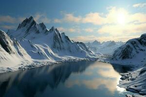 3d representación de nieve tapado picos en un montañoso paisaje ai generado foto