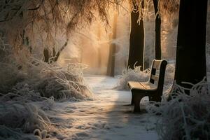 Winters serene sunlight filters through frosty branches along the forest footpath AI Generated photo