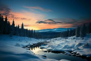 A breathtaking winter tableau, with snow covered vistas and frozen splendor AI Generated photo