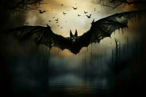 As night falls, bats silent wings cast eerie shadows on twilight AI Generated photo