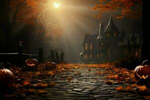 A Halloween scene amidst the vibrant tapestry of autumns beauty AI Generated photo