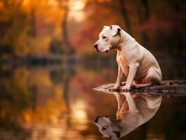 Dog and its reflection in a calm pond AI Generative photo