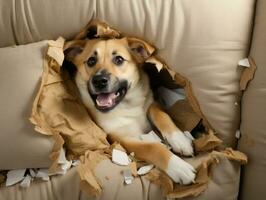 Dog with a mischievous expression surrounded by torn-up pillows AI Generative photo