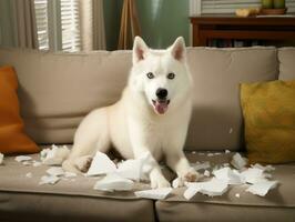 Dog with a mischievous expression surrounded by torn-up pillows AI Generative photo