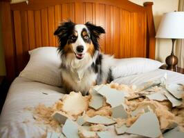 Dog with a mischievous expression surrounded by torn-up pillows AI Generative photo