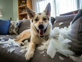 Dog with a mischievous expression surrounded by torn-up pillows AI Generative photo