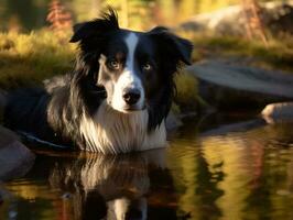 perro y sus reflexión en un calma estanque ai generativo foto