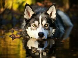 Dog and its reflection in a calm pond AI Generative photo