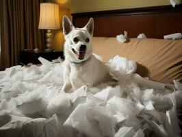 Dog with a mischievous expression surrounded by torn-up pillows AI Generative photo