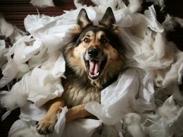 Dog with a mischievous expression surrounded by torn-up pillows AI Generative photo