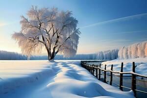 un hermosa invierno escena, con arboles adornado en prístino, brillante nieve ai generado foto