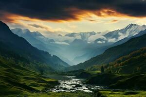 Mysterious fog engulfs Svanetis Goulet mountain pass in Europes Caucasus AI Generated photo