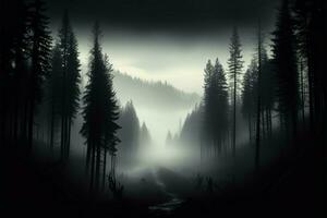 un misterioso, monocromo bosque escena, dónde tranquilidad Satisface naturalezas silueta ai generado foto