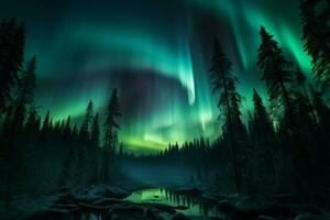 Auroras green glow illuminates the northern forest, a celestial marvel AI Generated photo