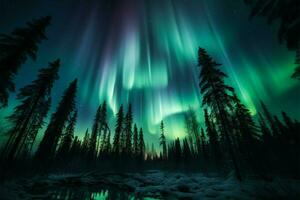 Auroras green glow illuminates the northern forest, a celestial marvel AI Generated photo