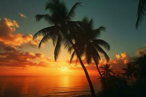 tropical Aléjate palma árbol siluetas en contra un vibrante naranja puesta de sol ai generado foto