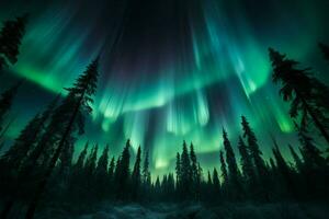 luminoso verde Aurora tejidos mediante el del Norte ligero bosque y cielo ai generado foto