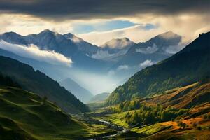 Mysterious fog engulfs Svanetis Goulet mountain pass in Europes Caucasus AI Generated photo