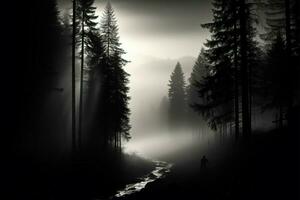 In the realm of black and white, a serene, enigmatic forest silhouette AI Generated photo