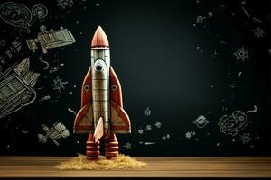 Retro rocket chalk drawing on grunge chalkboard table for educational displays AI Generated photo