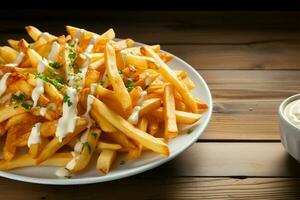 Savory fries, complemented by creamy sour cream and zesty ketchup AI Generated photo