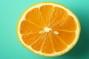 One vibrant orange slice on a turquoise green background, a zesty citrus texture AI Generated photo