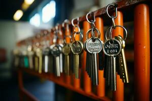 New key hung up in a locksmith shop, close up display AI Generated photo