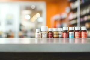 Pharmacy store counter, featuring a backdrop of blurred medication shelves AI Generated photo