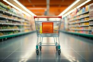 Shopping cart in a supermarket, creating an everyday shopping backdrop AI Generated photo