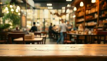 People in a cozy cafe blend into a blurred wooden table AI Generated photo