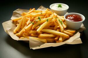 Golden fries served with a side of sour cream and ketchup AI Generated photo