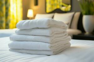 Neatly folded white towel on a luxurious hotel resort bed AI Generated photo