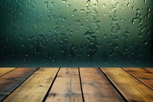 Rain splattered window forms a backdrop to a rustic wooden table AI Generated photo