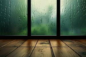 Rain kissed windowpanes create an ambiance for the rustic wooden table AI Generated photo