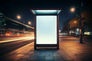 Nighttime bus stop mockup with empty advertising light box AI Generated photo