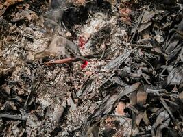 cerca arriba de un ardiente otoño hojas en el incinerador. blanco fumar y despojos mortales izquierda terminado desde ardiente basura. foto