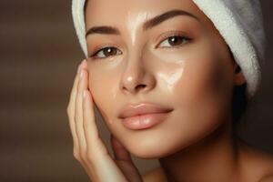 mujer aplicando hidratante crema en cara piel. generativo ai foto