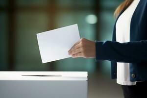 hembra votante mano poniendo boletín en votación caja. generativo ai foto