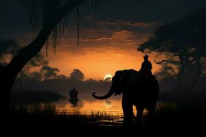 silueta de un cuidador de elefantes montando un elefante debajo un árbol, pre amanecer ai generado foto