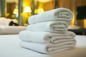 Serene resort setting A neatly folded white towel rests gracefully AI Generated photo