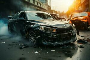 Road accident involving vehicles in a distressing car collision scene AI Generated photo