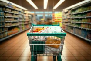 Retail therapy supermarket interior with a trusty shopping cart AI Generated photo