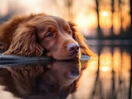 perro y sus reflexión en un calma estanque ai generativo foto