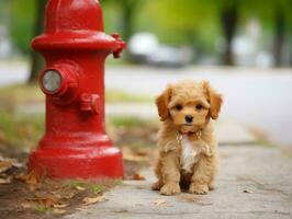 Cute puppy sitting by a fire hydrant AI Generative photo