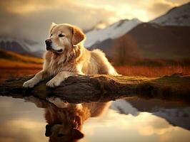 Dog and its reflection in a calm pond AI Generative photo